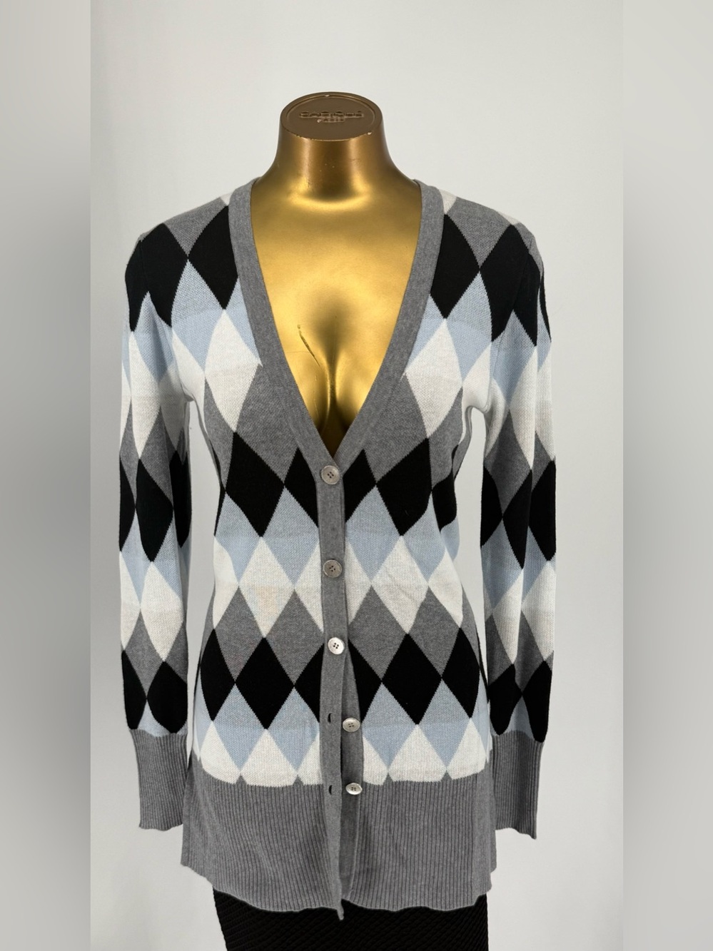 Belldini Argyle V-Neck Button Cardigan Gray, Black, Light Blue,White NWT Size XS